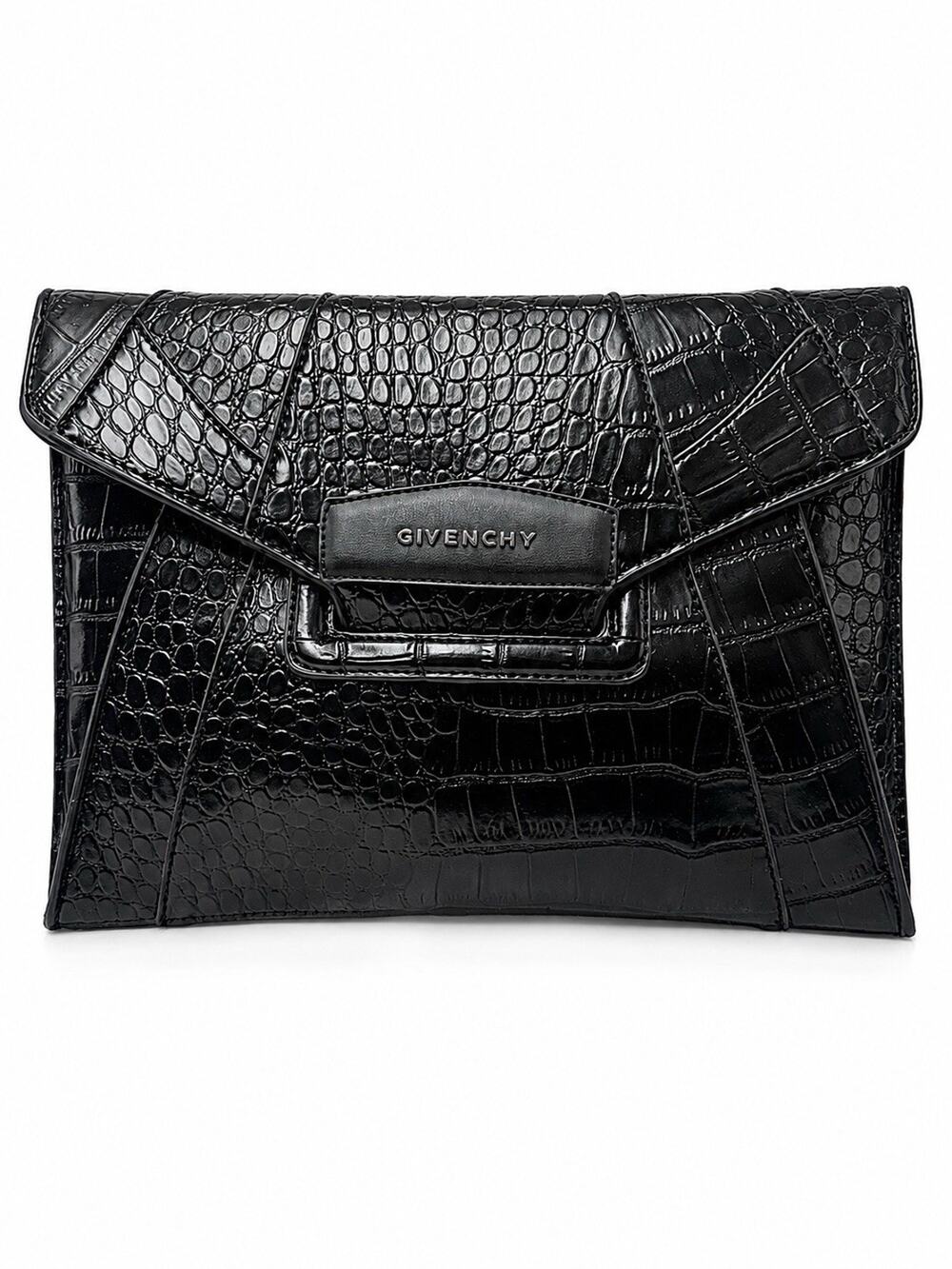 Givenchy Antigona Medium Envelope Clutch Black Croc Embossed Calfskin Leather